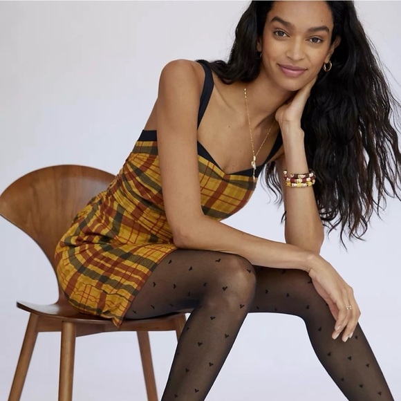 Anthropologie Let me be Forever That Girl Plaid Mini Dress yellow Size SM NWT - Picture 2 of 6